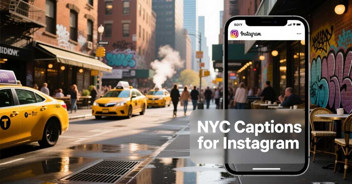NYC captions for Instagram with New York skyline, Times Square, and Central Park vibes.